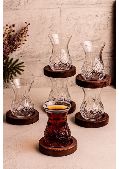 Trady - 6 Lı Cam Çay Seti 12 Parça Ahşap Altlık Cam Çay Takımı Seti 6 Kişilik Çay Tabak Ahşap