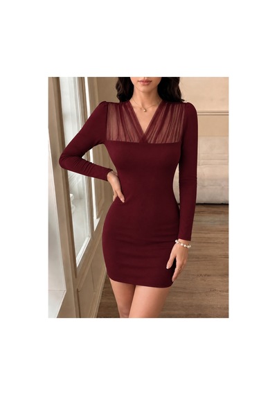 Butik İstanbul Kadın Uzun Kollu Kruvaze Yakalı Kısa Ithal Krep Elbise Bordo