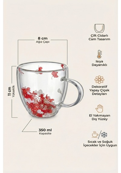 Makri Home Kırmızı Beyaz Çiçekli Çift Cidarlı Cam Kupa, 350 Ml, 11 Cm X 8 Cm Çok Renkli