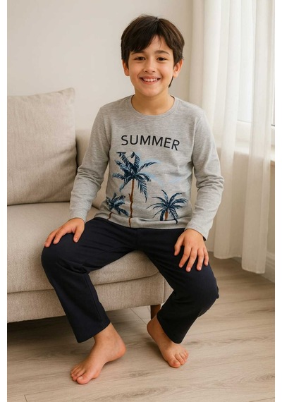 Çocuk Pijama Takımı %100 Pamuk Gri