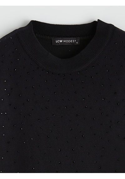 Lcw Comfort Siyah Bisiklet Yaka Taşlı Kadın Triko Kazak