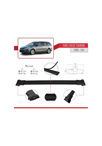 Ford Focus Tourıng 2008-2011 Arası İle Uyumlu Fly Model Ara Atkı Tavan Barı Siyah 3 Adet Bar