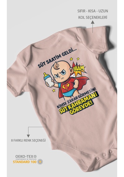 Süt Saatim Geldi Kimse Zarar Görmesin Baskılı Bebek Zıbını Çıtçıtlı Body %100 Pamuk Kısa Kol Pastel Pembe