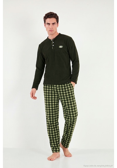 Buratti Kareli Düğmeli Hakim Yaka Yumuşak Dokulu Polar Pijama Takımı Erkek Pijama Takımı 6097023 Koyu Haki
