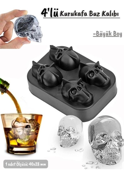 4 Lü Kuru Kafa Buz Kalıbı Silikon Kurukafa Çikolata Kalıbı Siyah 40x28 Mm Siyah