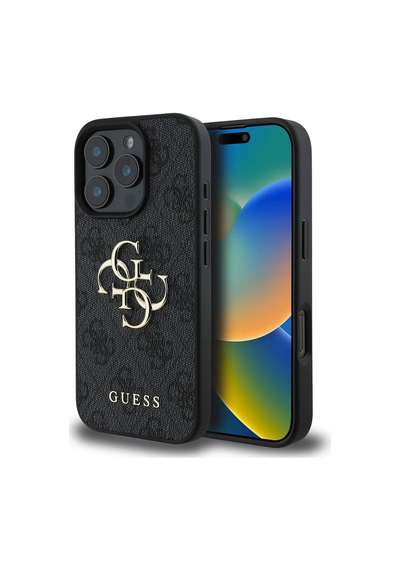 Apple iPhone 16 Pro Uyumlu Kılıf Guess  Lisanslı Pu Deri 4g Desen Metal Büyük 4g Ve Yazı Logo Siyah