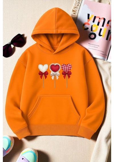 Uyguntarz Unisex Kalp Lolipop Detayli Baskılı Oversize Sweatshirt Turuncu