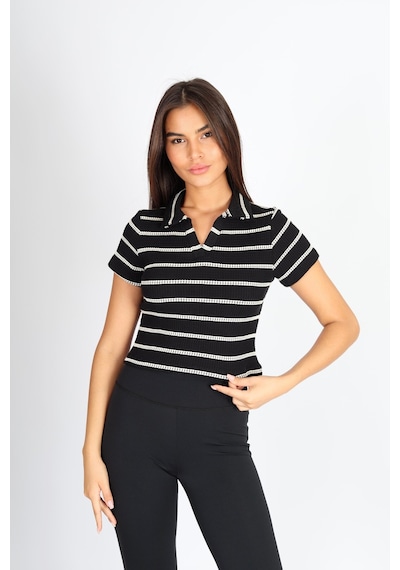 Soft&Basic Polo Yaka Raporlu Jakar Crop Fit T-shirt Siyah