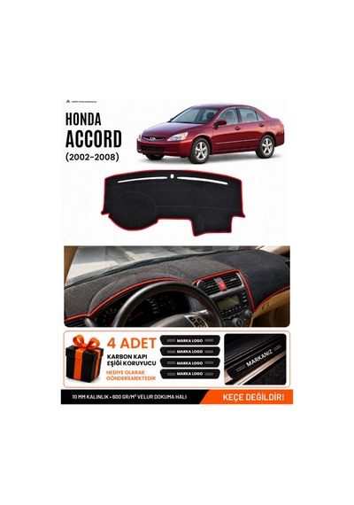 Honda Accord 2002-2008 Uyumlu Torpido Örtüsü, Torpido Kılıfı - Siyah Kırmızı