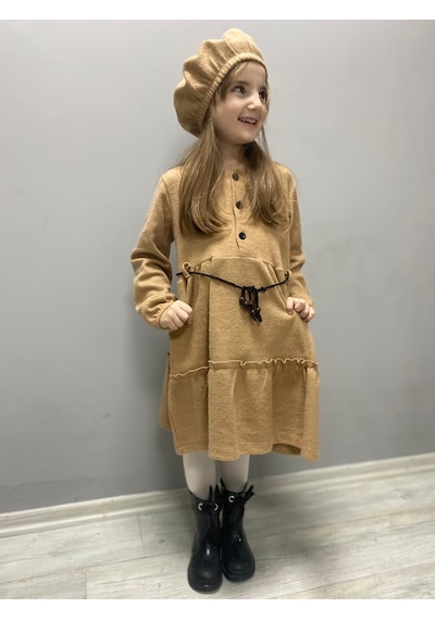 Kaşe Kumaş Şapkalı Kız Çocuk Elbise Mnk0559 001