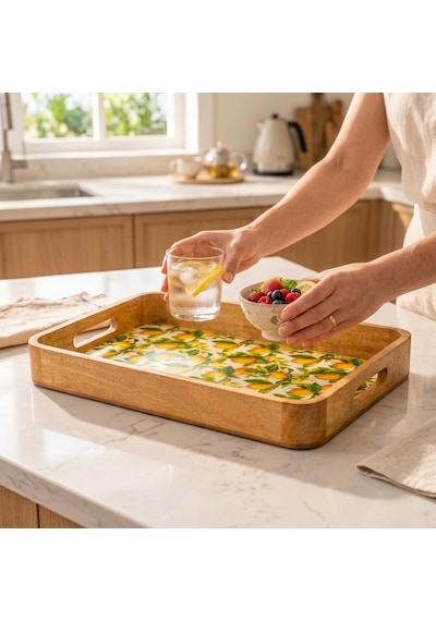 Tr Mango Ağacı Dikdörtgen Servis Tepsisi, 40 X 28 X 4,70 Cm Limon Desenli Ahşap Sunum Tepsisi, Yüksek Kenarlı Kahv