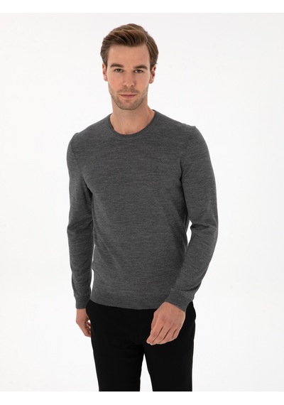 Cacharel Füme Slim Fit Yün Karışımlı Bisiklet Yaka Basic Triko Kazak Gri