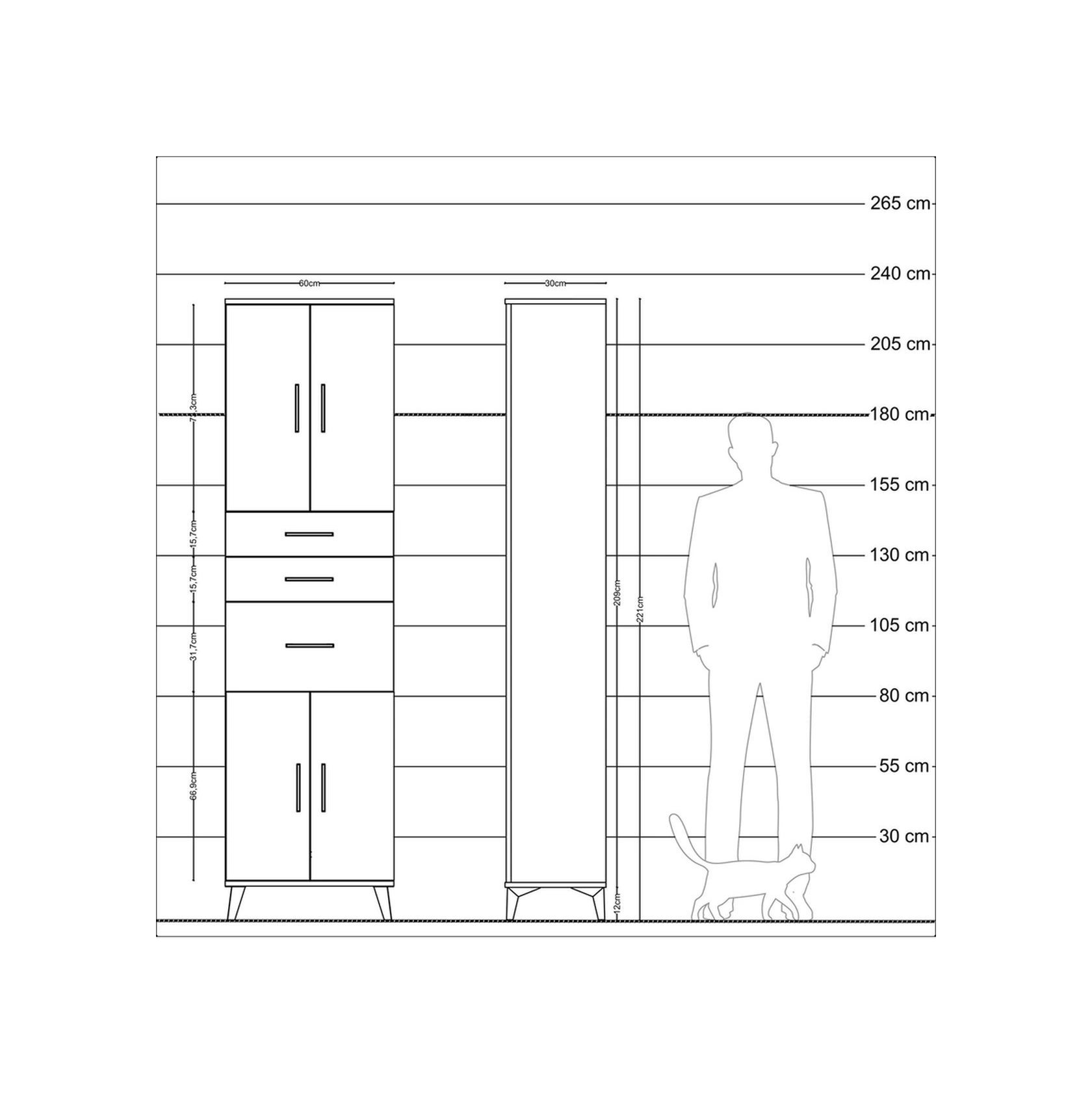 Arges Dolap 3 Raflı 3 Çekmeceli 4 Kapaklı 60x30x221 Çam-çam Çam