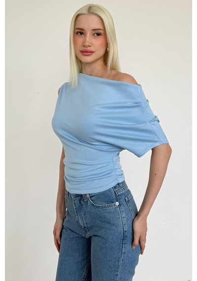 Mavi Tek Omuz Modern Kesim Şık Kadın Bluz Mg2669 Mavi