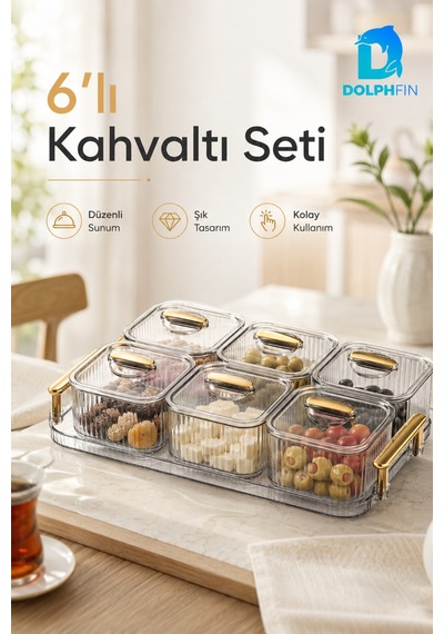 6 Lı Kapaklı Kahvaltılık Seti Şeffaf Gold Kulplu Sunum Tepsili Seffaf