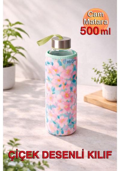 Çiçek Desenli Kılıflı Cam Matara 500 ml - Spor, Okul, Ofis ve Günlük Kullanım İçin Estetik Tasarımlı Su Şişesi