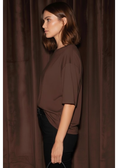 Soft&Basic Kadın 2'li %100 Organik Pamuk Oversize Fit Basic Yuvarlak Yaka T-shirt Beyaz-kahverengi