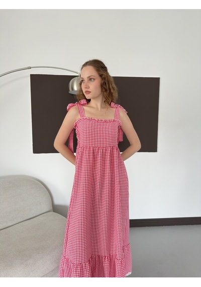 Verymoda Kadın Pötikare Desenli Askı Bağlama Detaylı Maxi Elbise D3108 Pembe