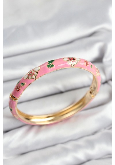 Mineli Pirinç Pembe Çiçek Motifli Gold Kadın Kelepçe Çok Renkli