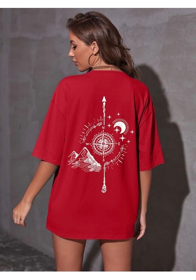Pusula Baskılı Oversize Unisex Tişört Kirmizi