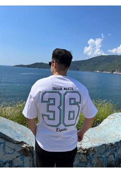 Erkek Bisiklet Yaka Oversize Baskılı T-shirt Beyaz