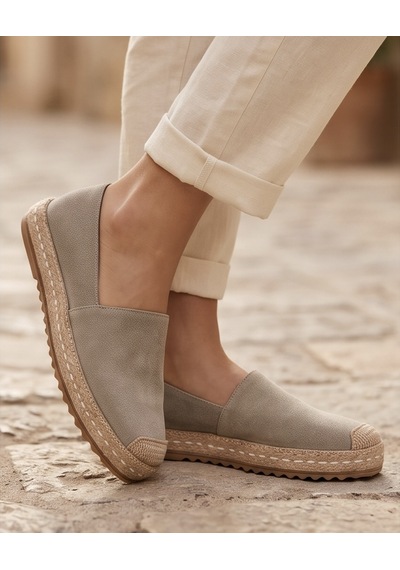 Futsishoes Lucıa Açık Gri Hakiki Süet Deri Dikiş Detaylı Kadın Espadril
