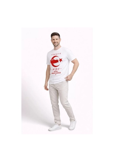 Erkek Türkiye Ay Yıldız Baskılı Taraftar Forma T-shirt - Beyaz