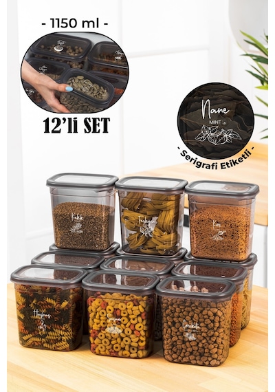 Vienev Beyaz Serigrafi Etiketli 12li Peggy Dikdörtgen Baharatlık Seti 1150 Ml Antrasit Beyaz