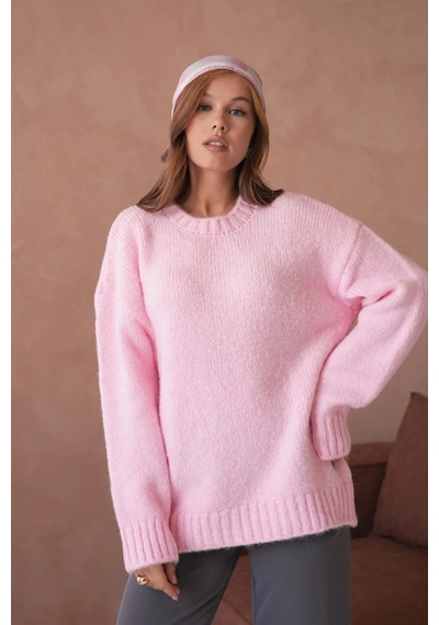 Park Karon Kadın Bisiklet Yaka Yumuşak Dokulu Oversize Triko Kazak 3032 Pembe