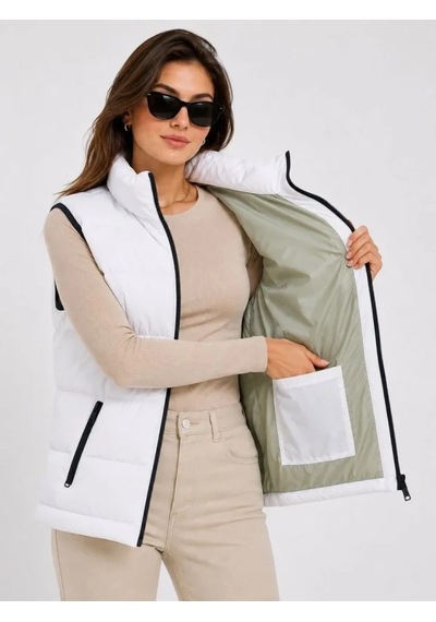 Defymoda Şişme Yelek Fermuarlı Dış Cep İç Cepli Elyaf Dolgulu Astarlı Yelek - Beyaz