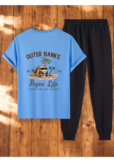 Uyguntarz Unisex Outer Banks Tasarım Basklı Tshirt Eşofman Takımı Bebe Mavi