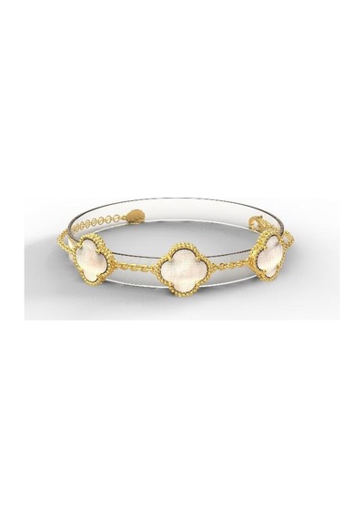 Roza Silver 925 Ayar Beyaz Sedef Taşlı Gold Üçlü Yonca Gümüş Bileklik Rb10046