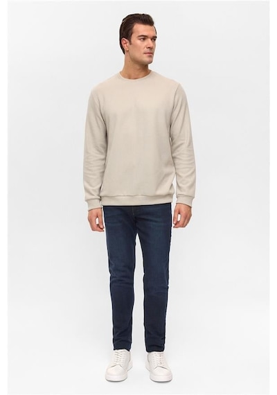 Süvari Ekru Regular Düz Bisiklet Yaka Sweatshirt Ekru