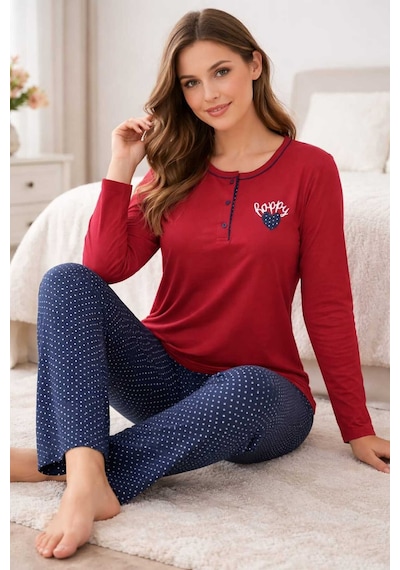 Tenra Geniş Kesim Kadın Pijama Takımı %100 Pamuk Kırmızı