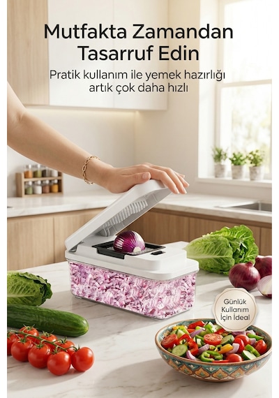 Çok Fonksiyonlu 7 Bıçaklı Doğrayıcı Set Sebze & Meyve Dilimleme, Rendeleme Ve Küp Doğrama Aparatı Beyaz