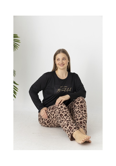 Estiva Kadın Kaplan Alt Desenli Soft Uzun Kollu Battal Pijama Takımı Çok renkli