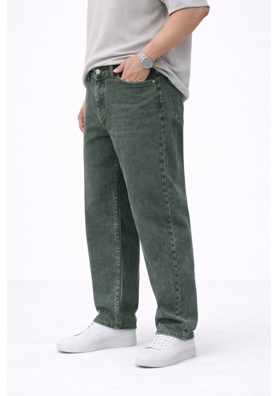 Erkek Baggy Fit Yıkamalı Yeşil Kot Pantolon Rahat Kesim Denim Hakiyıkamalı
