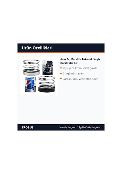 Trobus Araç İçi Bardak Tutacak Yaylı Bardaklık Gri