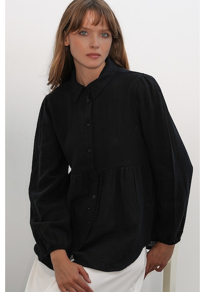 Bigdart Kadın Dokulu Oversize Keten Gömlek 20381 - Siyah