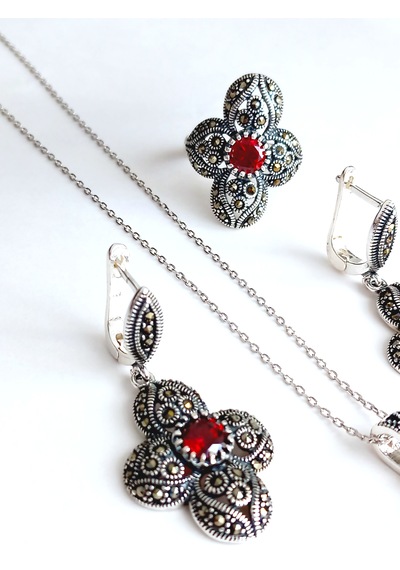 Gümüş Markazit Otantik Sultan Yonca Tasarım Kadın Set