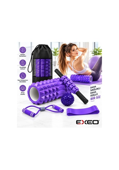 Exeo Foam Roller 5 Li Masaj Egzersiz Seti Rulo Top Direnç Bandı Pilates Yoga Fitness Mor