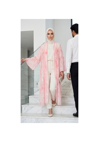 Lila Mare İpek Tül Nakışlı Abaya Kimono Pembe Pembe