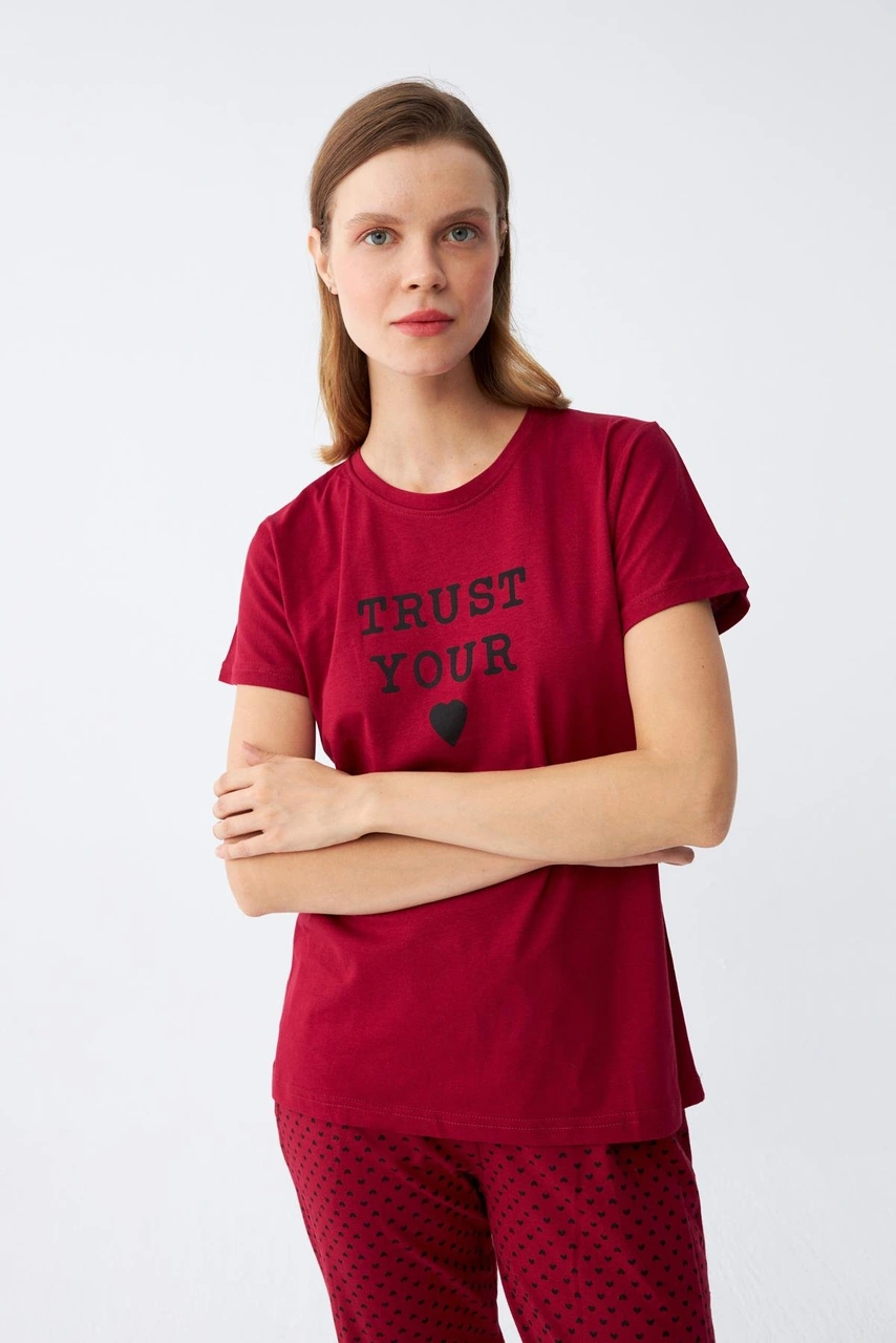 Akbeniz Kadın Bordo Kalp Desenli Kısa Kollu Penye Pijama Takımı Bordo