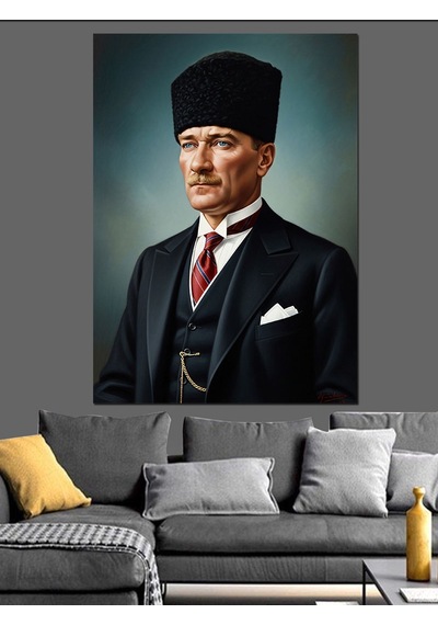 Ahşap Tablo Kalpak Başlıklı Siyah Takım Elbiseli Atatürk Portresi
