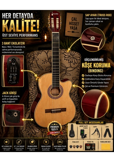 Qcg10cs Elektro Klasik Gitar Ve Seti 3 Bant Ekolayzır Üst Seviye Sahne Performansı Full Aksesuar Hediye Yeni Ürün Natural