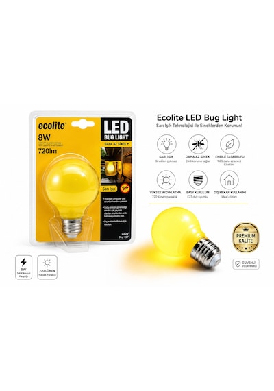 Ecolite Led Bug Light 8w Sarı Işık Sinek Azaltıcı Led Ampul Beden-Renk Tek Beden-Sarı