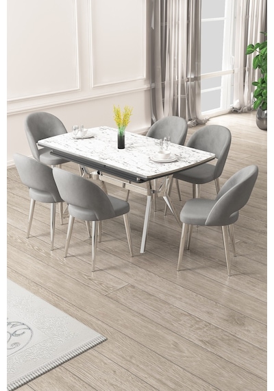 Canisa Weps Serisi 89x150 Açılabilir Lak Panel Beyaz Mermer Krom Ayak Masa Takımı Ve 6 Gri Sandalye Beyaz Mermer Desen Masa Gri Sandalye Canisa Weps Serisi 89x150 Açılabilir Lak Panel Beyaz Mermer Krom Ayak Masa Takımı Ve 6 Gri Sandalye Beyaz Mermer Desen Masa Gri Sandalye