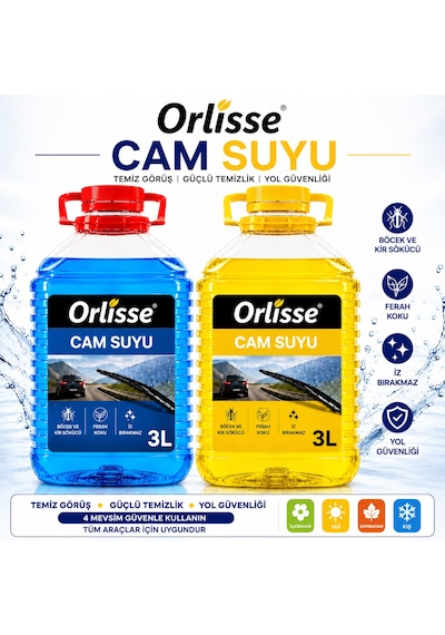 Orlisse Cam Suyu 3 Lt Mavi + Sarı Ferah Kokulu Oto Cam Yıkama Sıvısı Böcek Ve Kir Çözücü