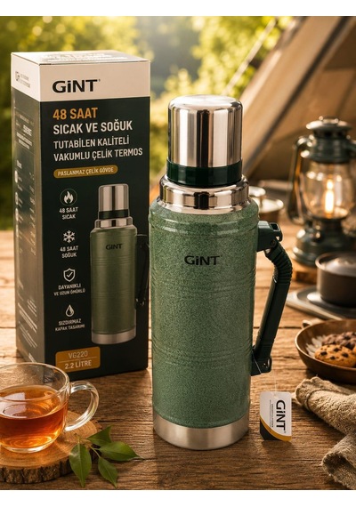 Termos Gint 2.2 Litre Çelik Termos 48 Saat Sıcak Soğuk Tutan Vakumlu Termos Büyük Boy Dayanıklı Termos Yeşil