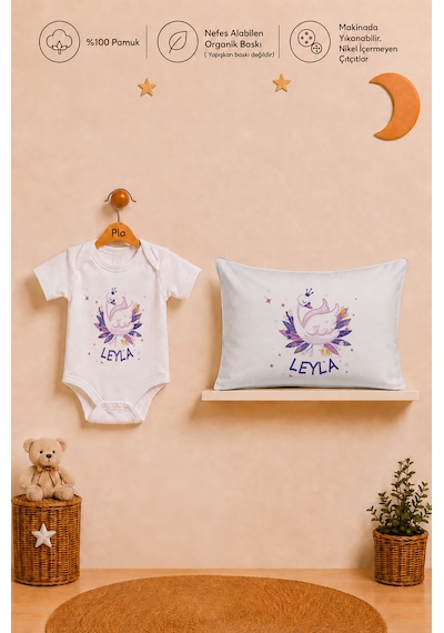 Pia Baby Kız Bebek İsme Özel Hediye Seti %100 Pamuk Body Yastık Kılıfı Ve Ham Bez Bebek Kıyafet Kesesi 2072byk2x Ekru